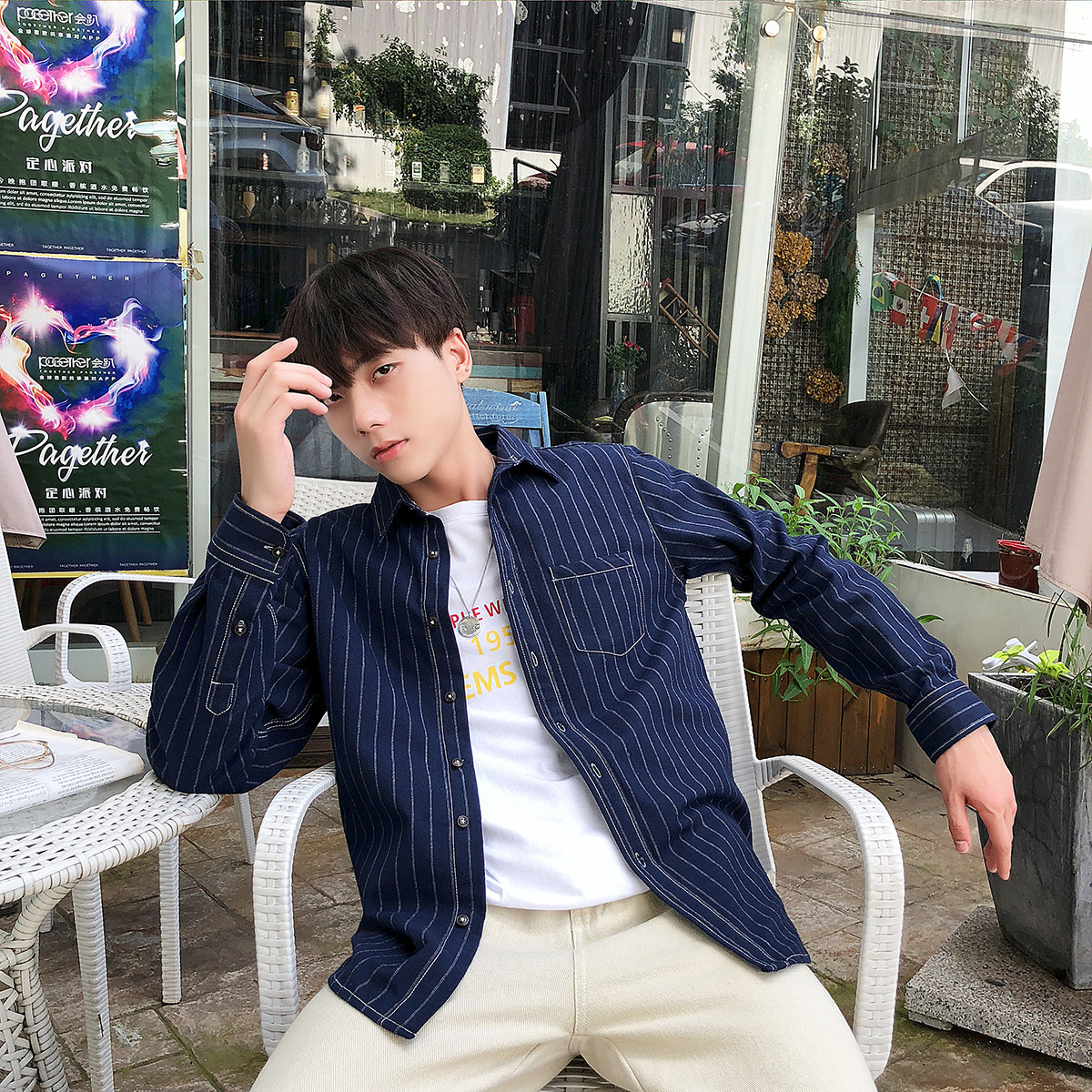 学生潮流休闲长袖条纹衬衫四季韩版男士衬衣港风CS816*-P35图片