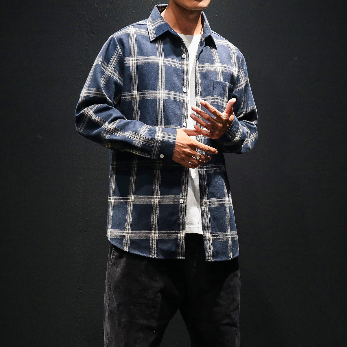 学生潮流休闲长袖格子衬衫四季男士衬衣日系灰墙TX05-P35,男装衬衫,电商A128
