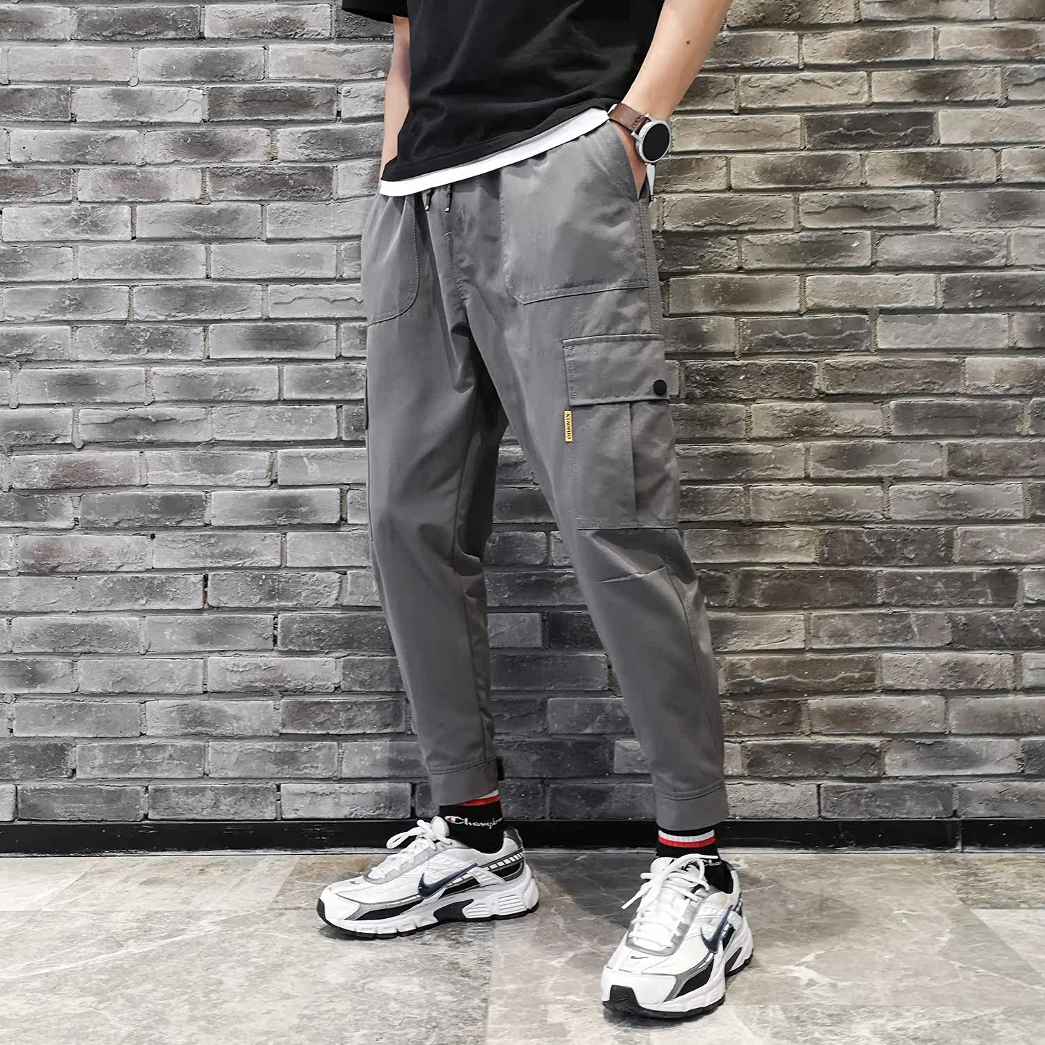 春季新款男工装休闲裤青少年款大码束脚哈伦宽松裤KK82-P45图片