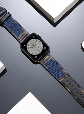 适用苹果手表表带真皮applewatchS7牛仔布iwatch3456代SE表带潮牌