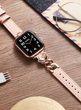 适用AppleWatchS10苹果手表Se2代iwatch987654真皮表带山茶花创意