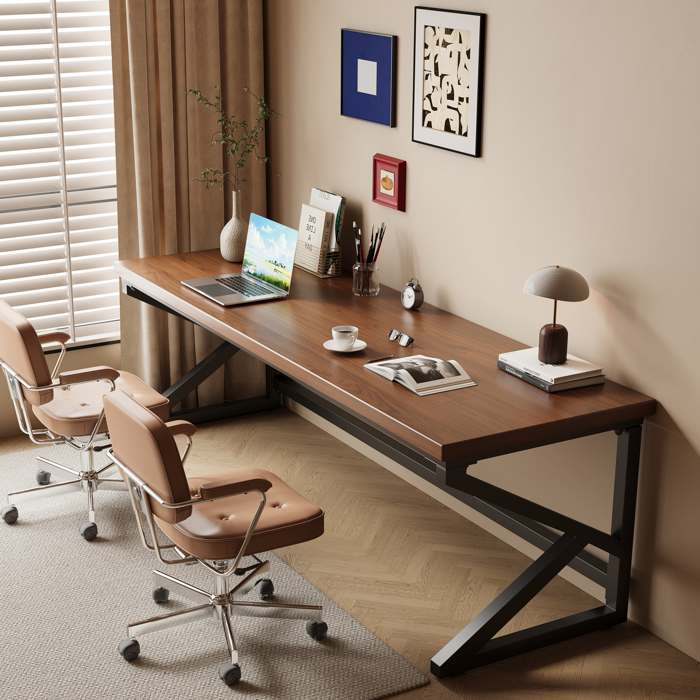 带框K字实木双人书桌家用电脑桌