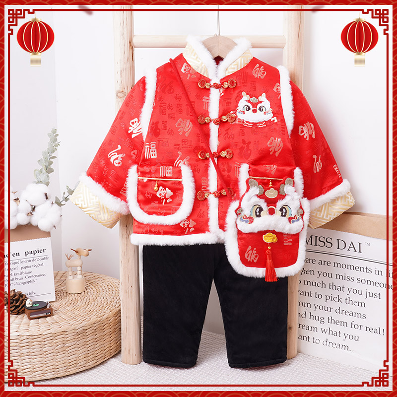 【新年套装】宝宝唐装男童喜庆拜年吉祥小龙刺绣秋冬婴儿棉衣外穿