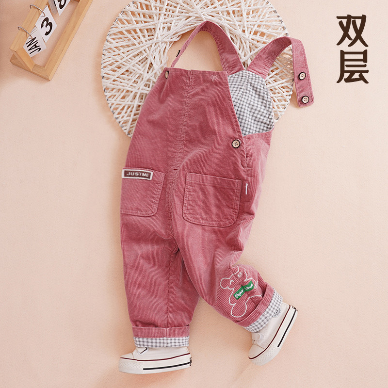 新款宝宝背带裤春秋男宝双层灯芯绒婴儿连体裤女秋季纯棉一岁开档