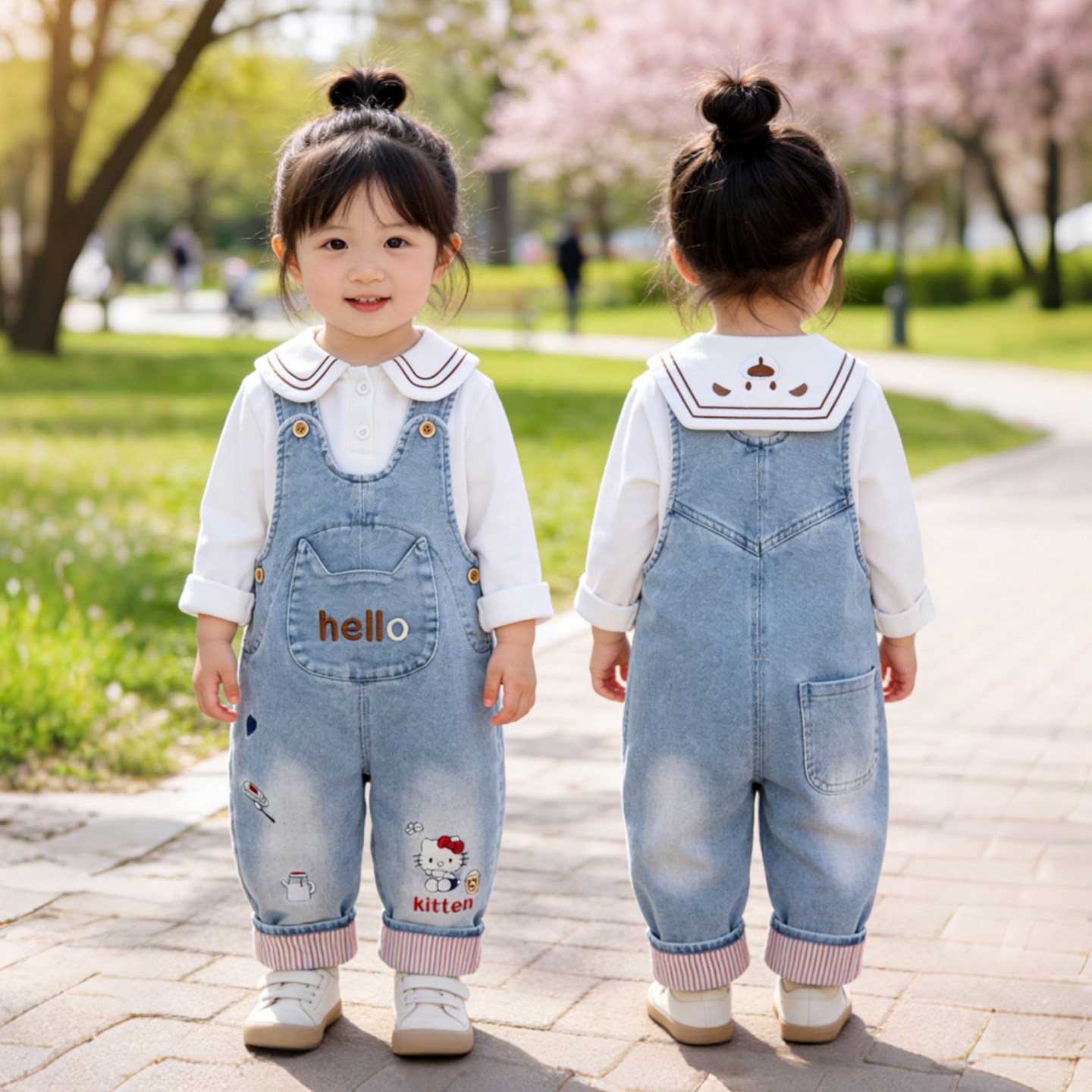 婴儿春款女童牛仔可开档宝宝背带裤子2岁春秋长裤弹力软面料猫耳