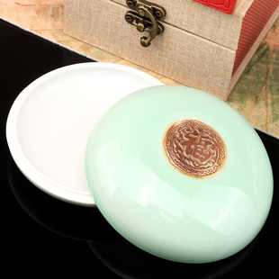 13cm景德镇朱砂印泥盒大号陶瓷瓷缸泥盒锦盒印盒书法国画红色印台