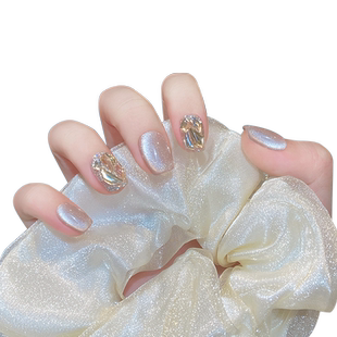 云皙落日熔金纯手工美甲穿戴甲秋冬款高级感成品猫眼短款指甲贴片