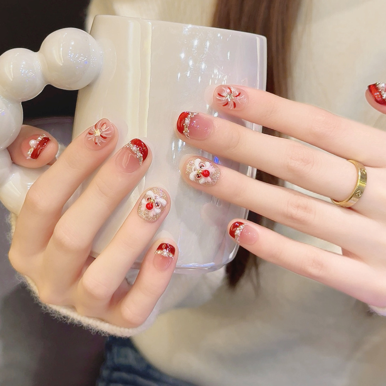 云皙国风醒狮猫眼法式手工美甲2026新年红色穿戴甲短款豆豆指甲片,彩妆/香水/美妆工具,穿戴甲/甲片,淘宝优惠券,粉丝福利购,淘宝优惠卷