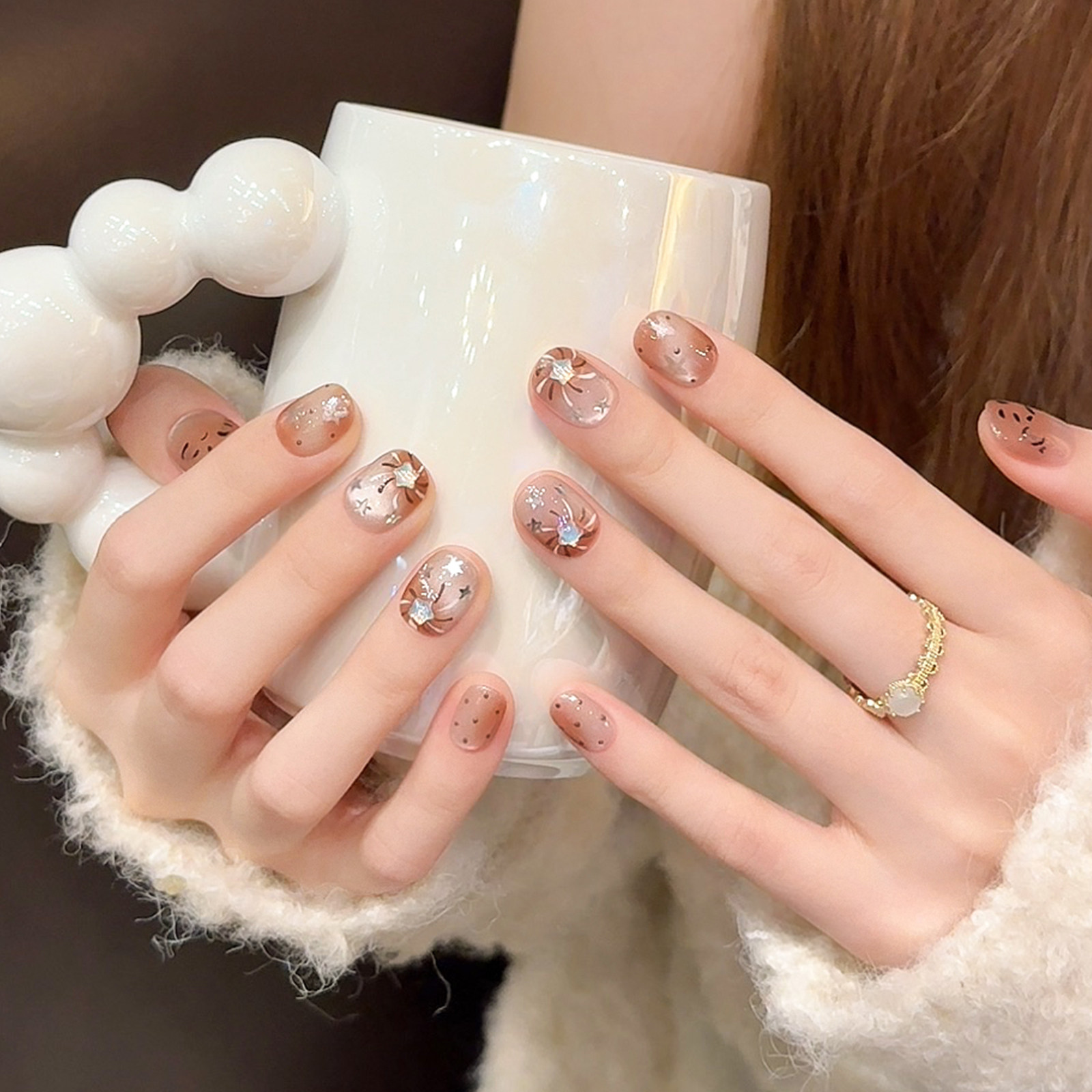 云皙秋冬奶咖猫眼纯手工穿戴甲波点星星琥珀晕染美甲短款指甲贴片,彩妆/香水/美妆工具,穿戴甲/甲片,淘宝优惠券,粉丝福利购,淘宝优惠卷