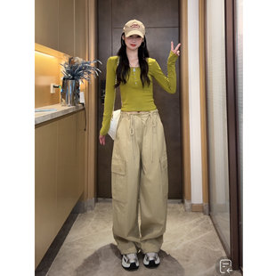 美式卡其色工装裤女2026新款春秋宽松bf慵懒风阔腿裤女休闲长裤子
