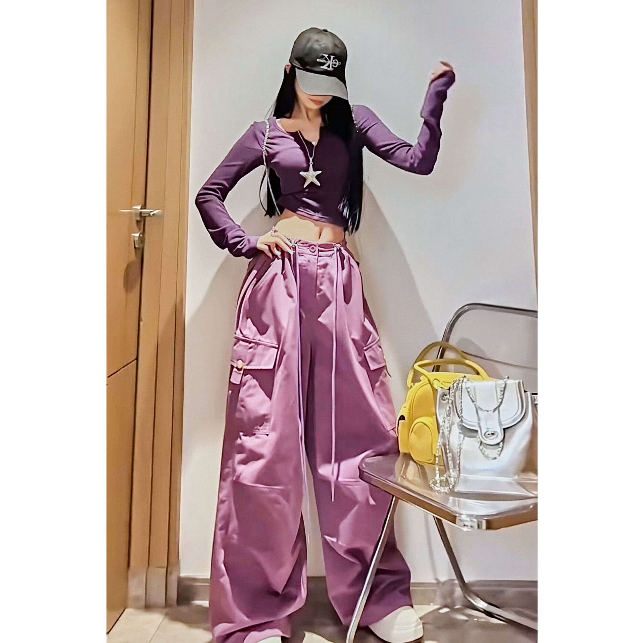 欧美风纯棉工装裤女款2025新款秋款高级感休闲裤慵懒风紫色阔腿裤