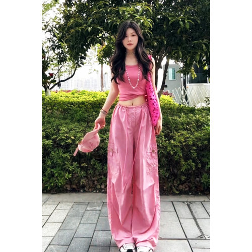 裤子女款夏2026新款薄款工装裤女速干裤多巴胺芭乐粉宽松阔腿裤女