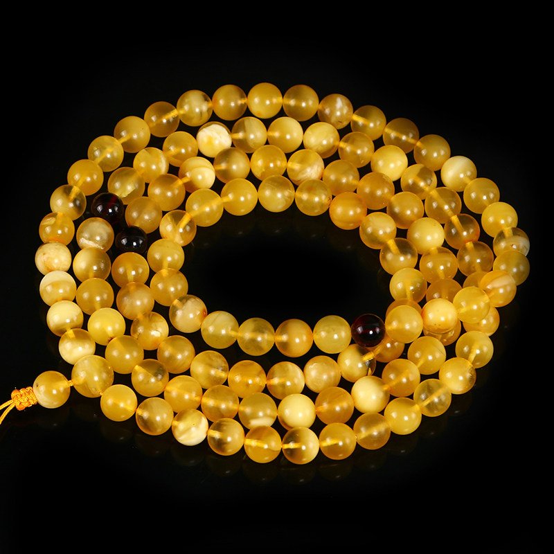 天然蜜蜡手串男女款老蜜佛珠108颗鸡油黄琥圆珠手链毛衣链