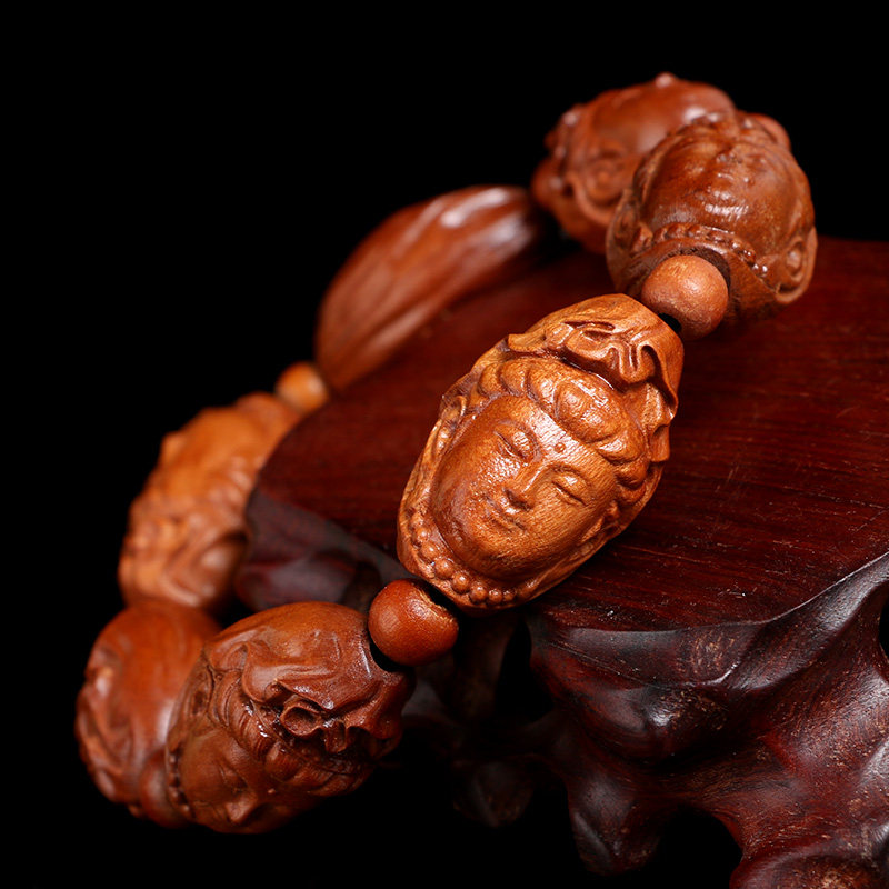 天然原色桃木手串精雕观音菩萨佛珠手链平安是福档位珠观音头像