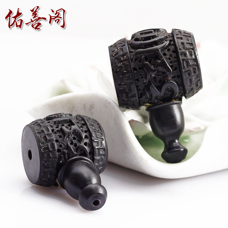 天然藏式黑牛角佛头三通佛塔雕刻六字真言散珠子DIY手串手链配件