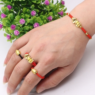 貔貅戒指红绳转运珠指戒镀18k黄金色指环个性男女同款情侣对戒