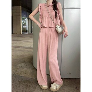 时尚 上衣宽松长裤 套装 休闲夏季 两件套 2025减龄圆领无袖 甜美新款