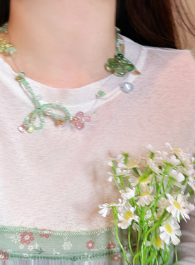 超仙彩色蝴蝶结珍珠花朵项链女夏日多巴胺彩色水晶颈链锁骨链配饰