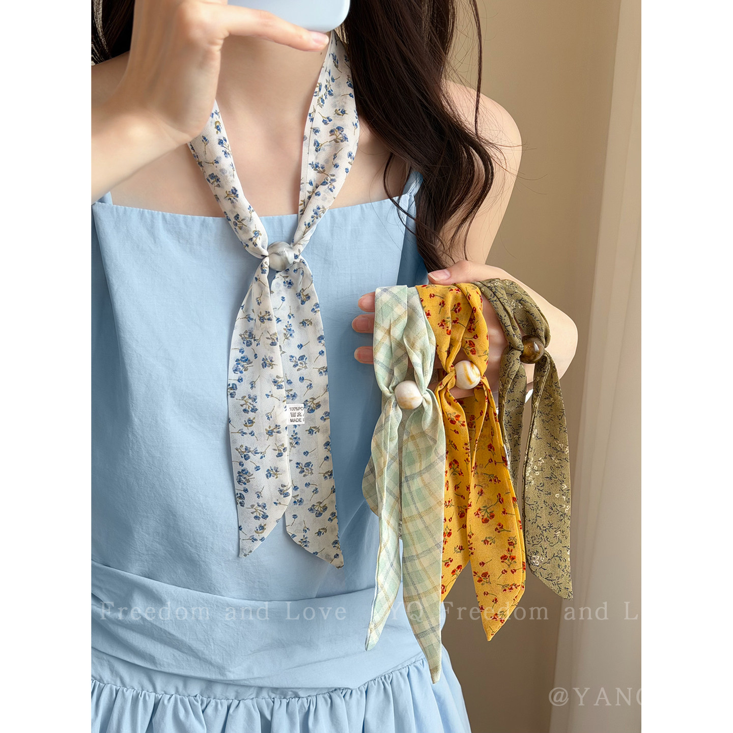 韩女穿搭！夏季多巴胺碎花波点抽拉丝巾项链女甜美小领巾长款配饰