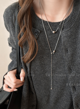 韩系银色圆珠叠戴项链女款秋冬简约百搭长款毛衣链小众高级感配饰