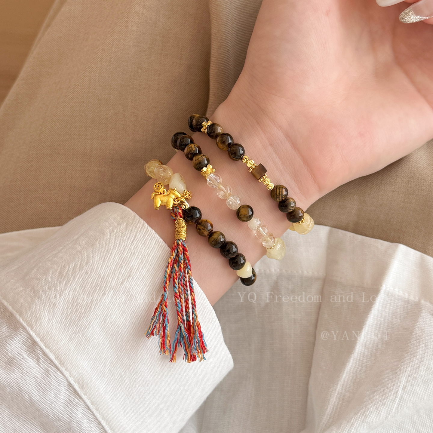 马上有钱！虎眼石黄水晶串珠手链女款轻奢小众高级感手串叠戴手饰