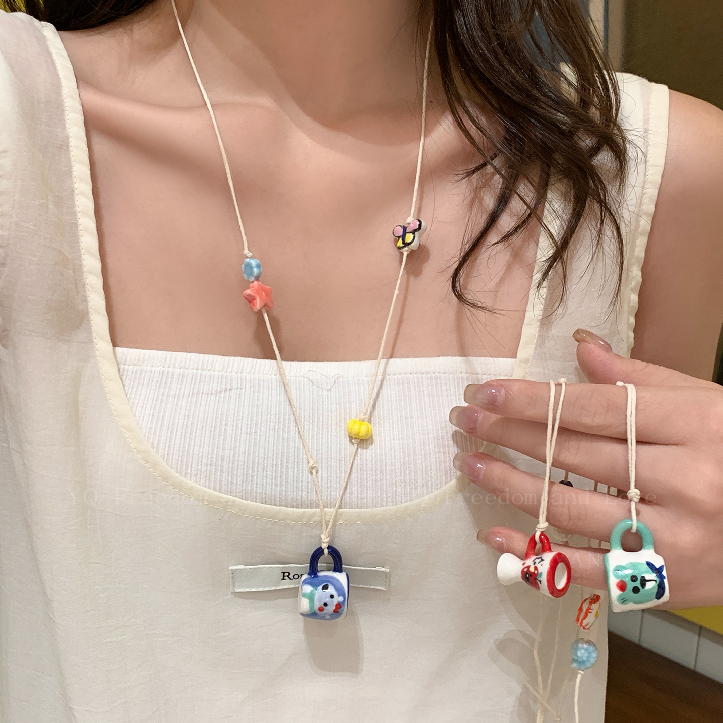彩色陶瓷杯子吊坠长款项链女适合夏天配裙子挂绳毛衣链高级感配饰