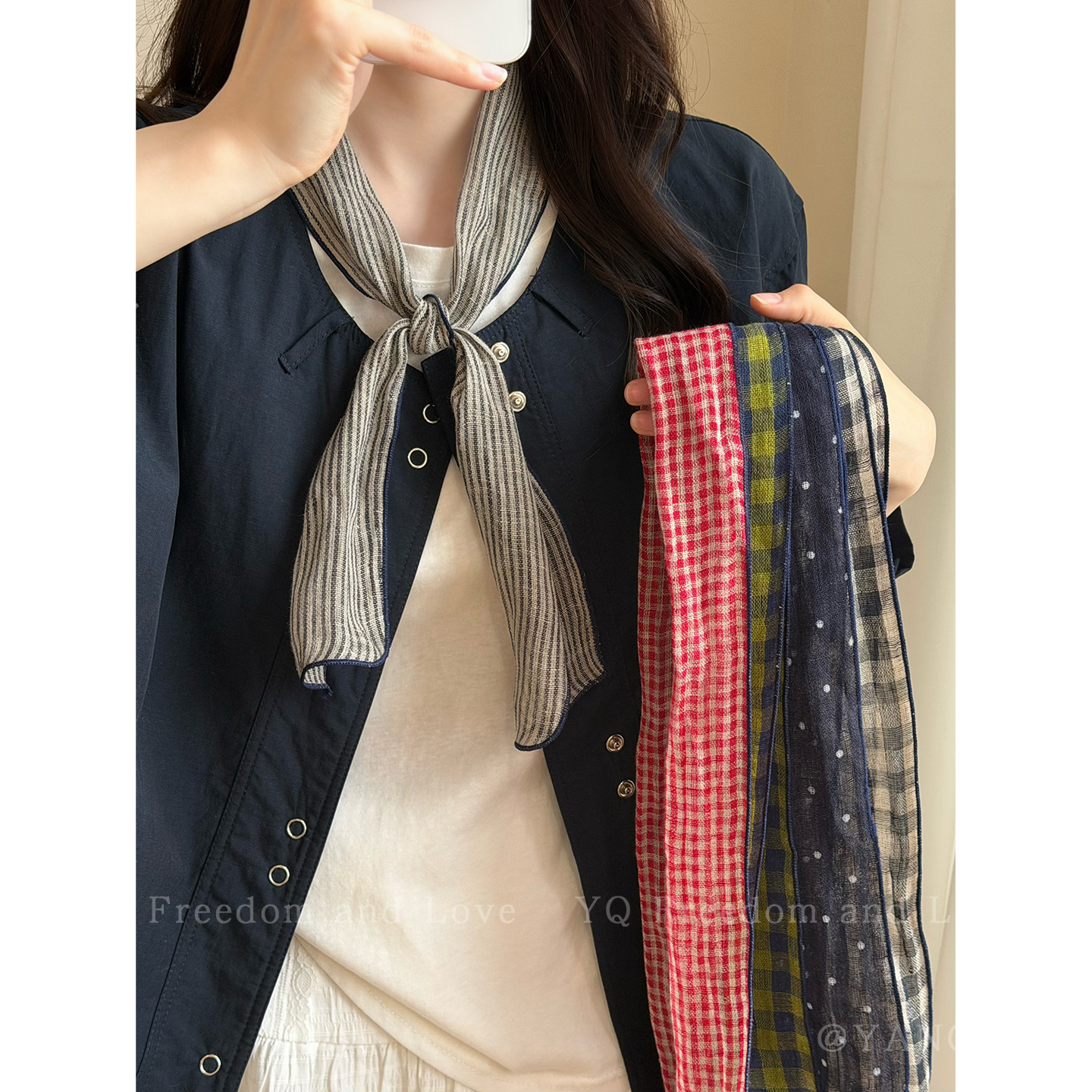 100%棉麻格子长条丝巾女士2026新款高级感围巾搭配衬衫系脖小领巾