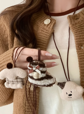 可爱毛绒绒小熊帽子皮绳项链甜美气质独特高级感可调节毛衣链配饰