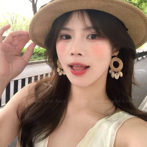 波西米亚草编贝壳耳环女海边度假风耳坠气质夸张春夏耳钉海岛耳饰
