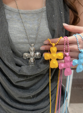 韩系简约十字花朵吊坠项链女夏日冷淡风长款挂脖卫衣链小众配饰品