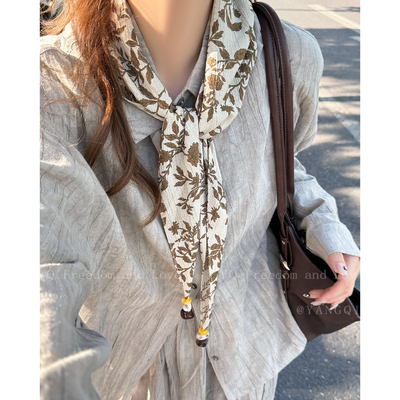 高级感碎花串珠系脖丝巾项链女搭配衣服长款毛衣链艺术生配饰领巾