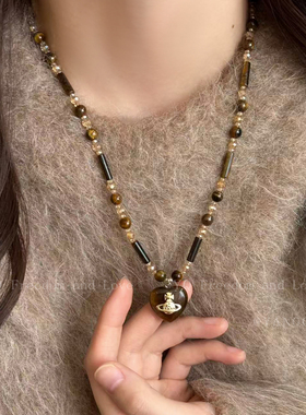 复古爱心虎眼石星球串珠项链女秋冬美拉德叠戴毛衣链轻奢高级配饰