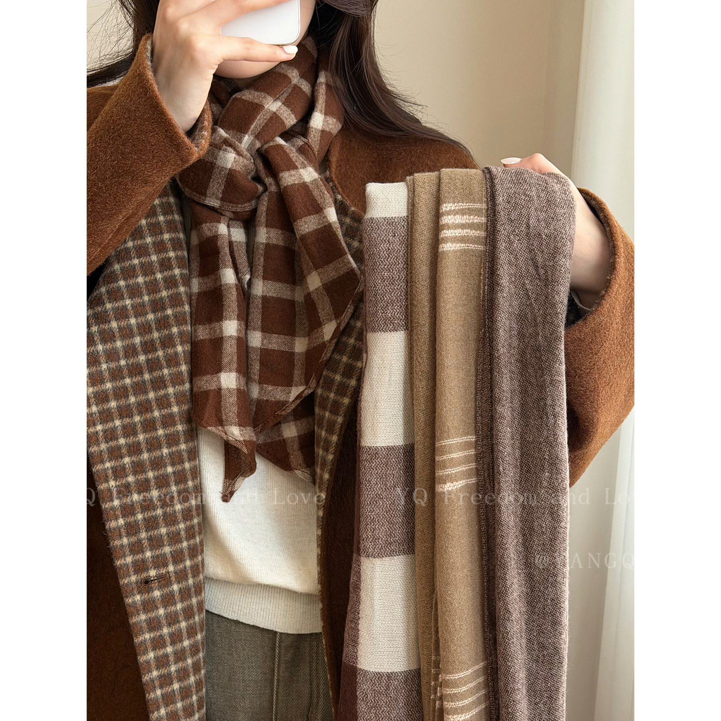 柔暖定格！美拉德色系仿羊绒格子长条围巾女秋冬保暖护颈围脖配饰