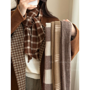 柔暖定格！美拉德色系仿羊绒格子长条围巾女秋冬保暖护颈围脖配饰