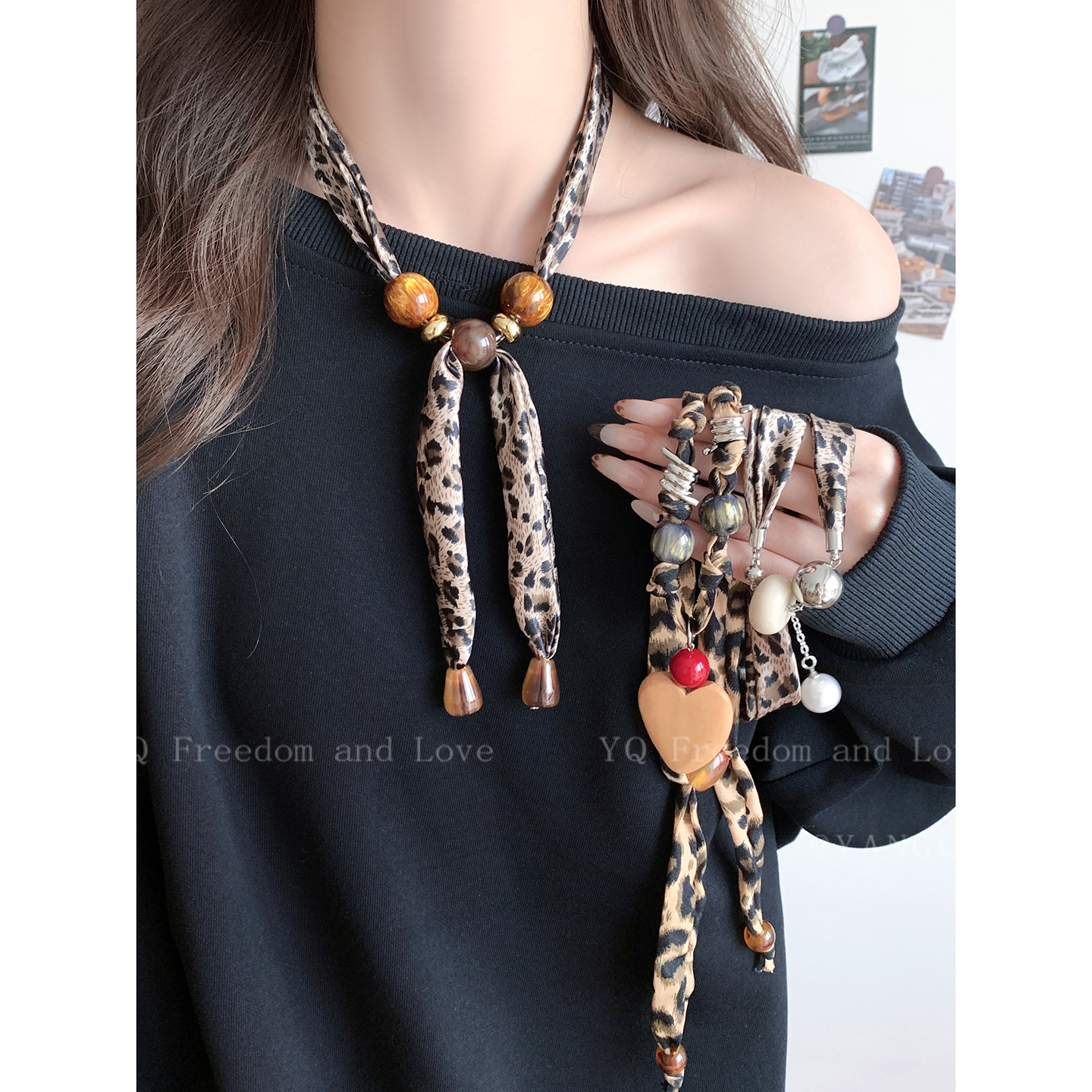 美拉德复古豹纹系脖丝巾项链配饰