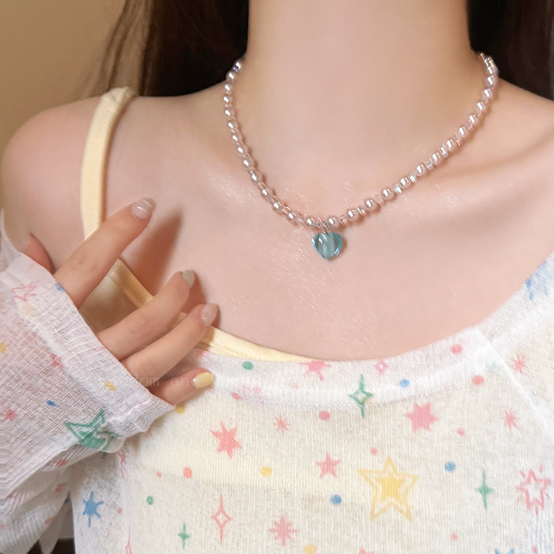 海洋之心~韩版甜美气质爱心珍珠串珠项链女夏季高级感锁骨链配饰