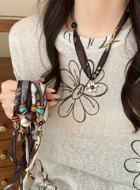 早春救星！棕色腰果花朵丝巾项链女款小众穿搭脖子配饰复古毛衣链