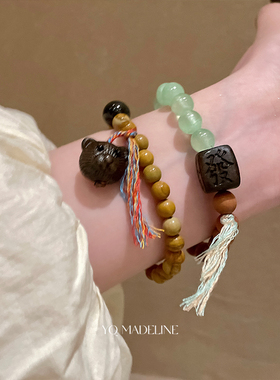 复古新中式檀木小熊串珠流苏手串国风天然石双层叠戴盘玩手链手饰