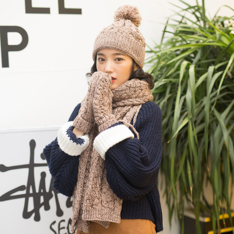 帽子围巾手套套装三件套女冬天韩版学生潮冬季毛线针织百搭