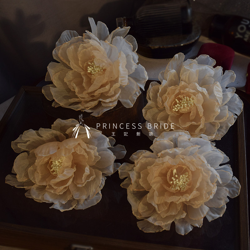 新品唯美新娘手工烫花头饰香槟色纱花发饰白纱礼服样片旗袍配饰品