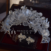 2025轻奢重冰胶银灰色闪耀新娘皇冠套装 奢华主婚纱婚礼跟妆头饰品