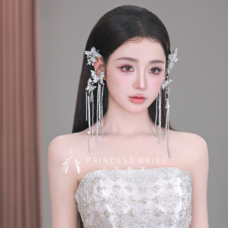 王妃新品新娘耳饰水钻流苏发饰蝴蝶耳挂耳扣拍照写真影楼结婚配饰