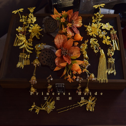 金色重工仿真花发簪中式秀禾发饰