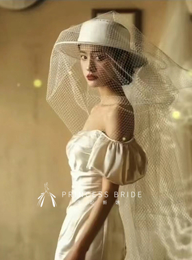 时尚新款复古白色优雅礼帽拖尾网纱法式走秀演出新娘花帽婚纱发饰
