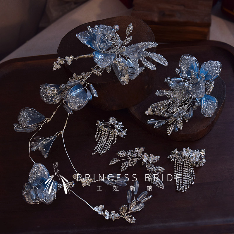 2025新中式新娘头饰高级感银蓝色水凝花朵边夹秀禾晨袍重工发饰品,饰品/流行首饰/时尚饰品新,发饰,淘宝优惠券,粉丝福利购,淘宝优惠卷