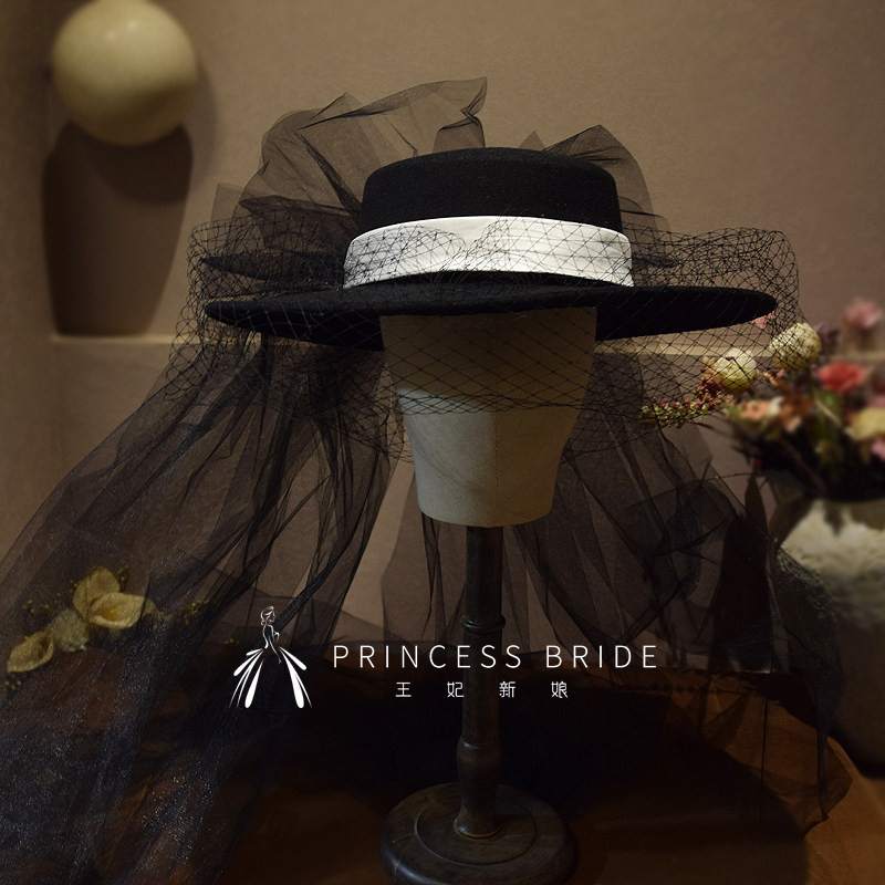 2026新款复古法式黑色平顶大网纱网格连长纱外景样片礼帽造型配饰