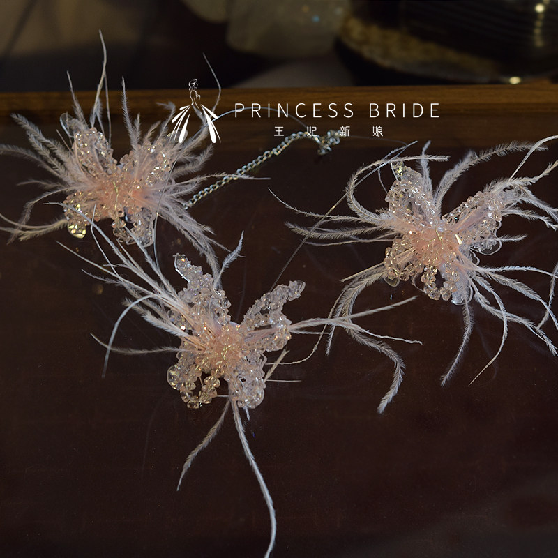 2025新品新娘粉色蝴蝶羽毛项链耳饰超仙气质时尚耳环女日常可配带