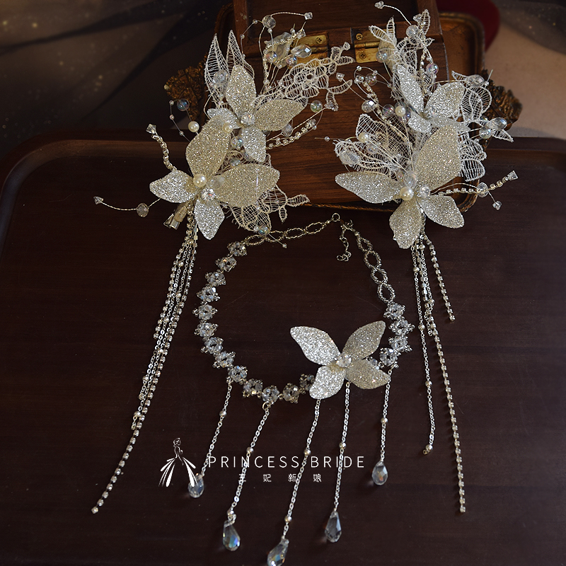 银色蝴蝶蕾丝发夹颈链新娘头饰