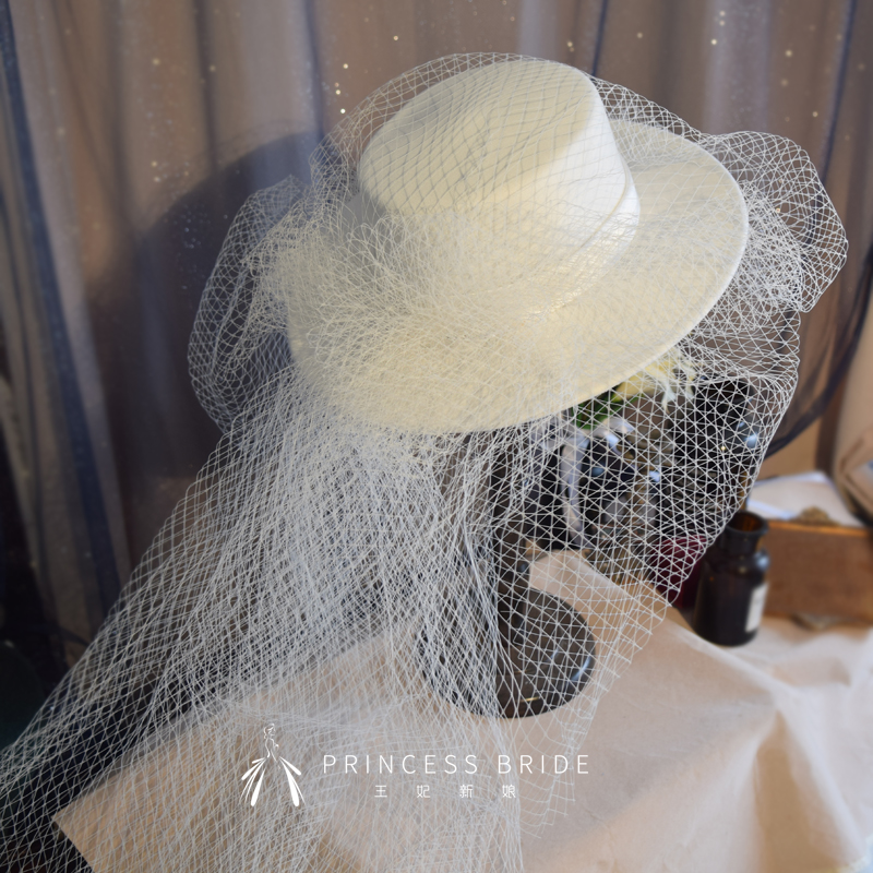 新款气质复古白色礼帽拖尾网纱法式欧美风新娘花帽婚纱旅拍发饰品