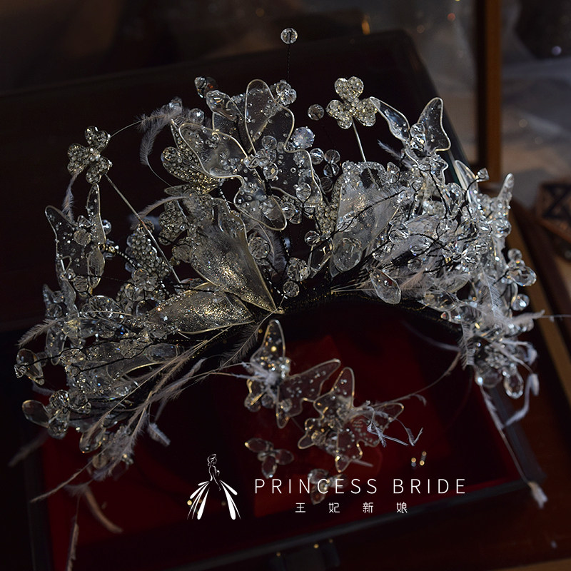 高级感新娘重工皇冠轻奢水凝蝴蝶灵动羽毛主婚纱王冠结婚造型头饰